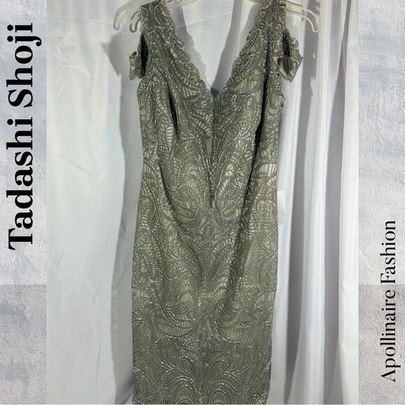TADASHI SHOJI FORD CUTOUT DRESS IN ASH GREY  METALLIC SIZE 16 NWT - Picture 7 of 9